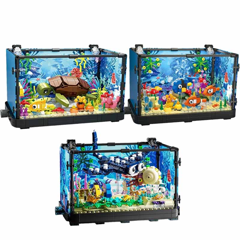 Fish Aquarium Home - Aquarium-Baustein-Set mit Licht, Aquarium, Meeresschildkröte, Baustein-Spielzeug